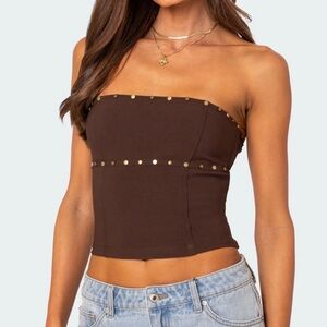 Edikted DARCY STUDDED LACE UP CORSET brown suede gold Studded Tank Top corset